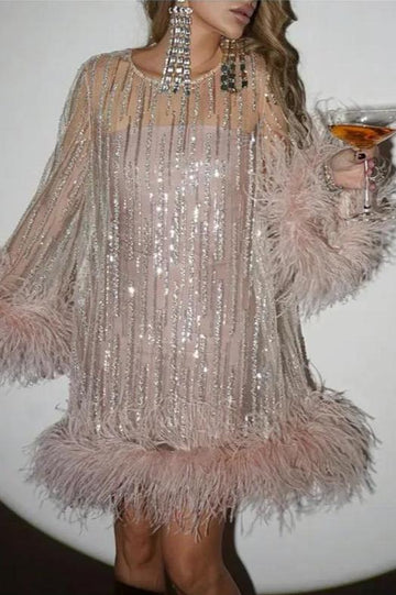 Woochic robe à plumes paillettes scintillants manches évasées , Rose rose S